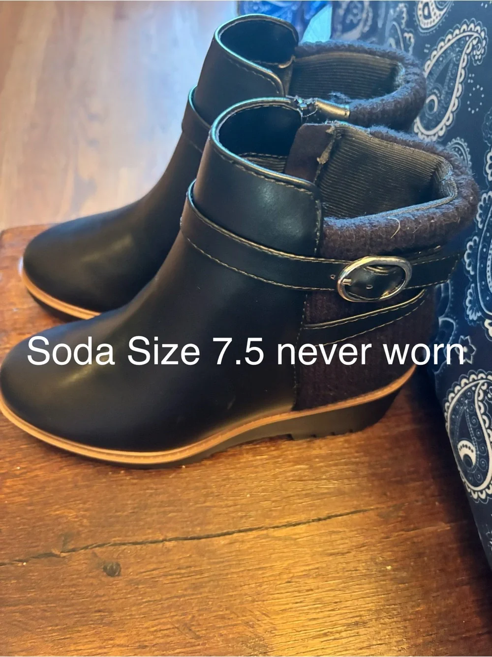 Soda Black Ankle Booties with Buckle and Faux Fur Cuff